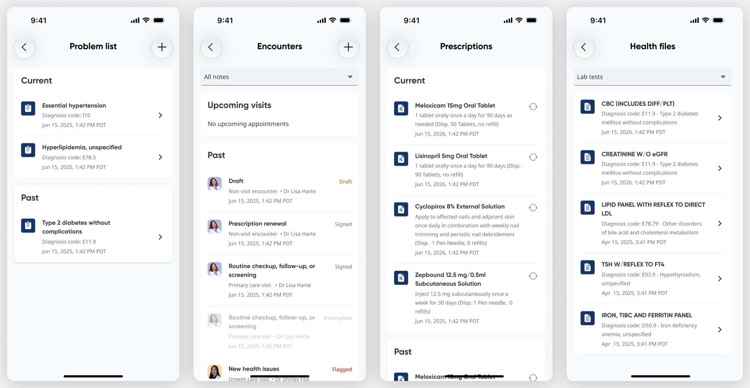 The list view applied across four iOS screens — problem list, encounters, prescriptions and health files — each row carrying an icon, title, diagnosis code and timestamp