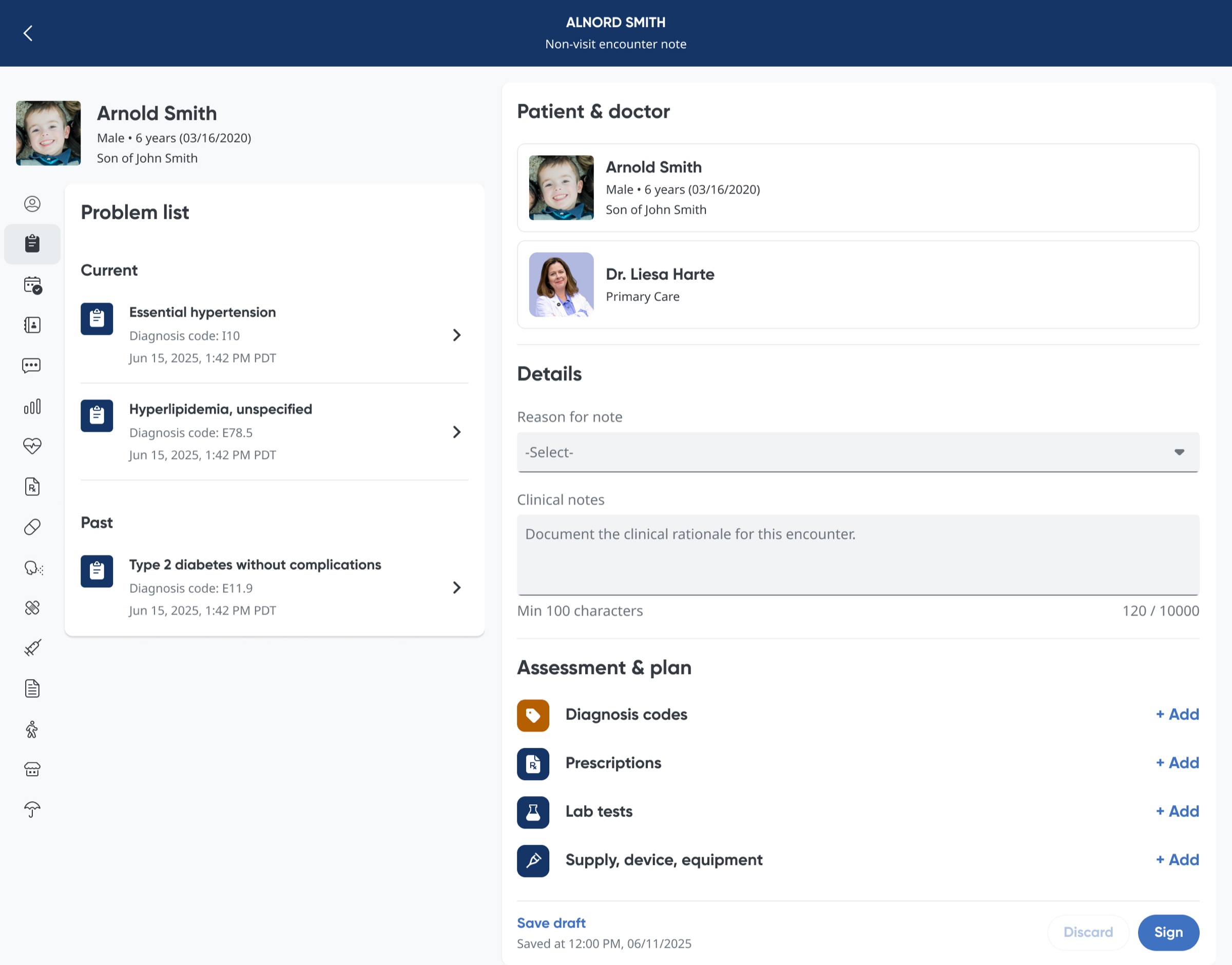The refined non-visit encounter note: problem list beside patient and doctor details, clinical notes, and an assessment and plan section for diagnosis codes, prescriptions, lab tests and supplies