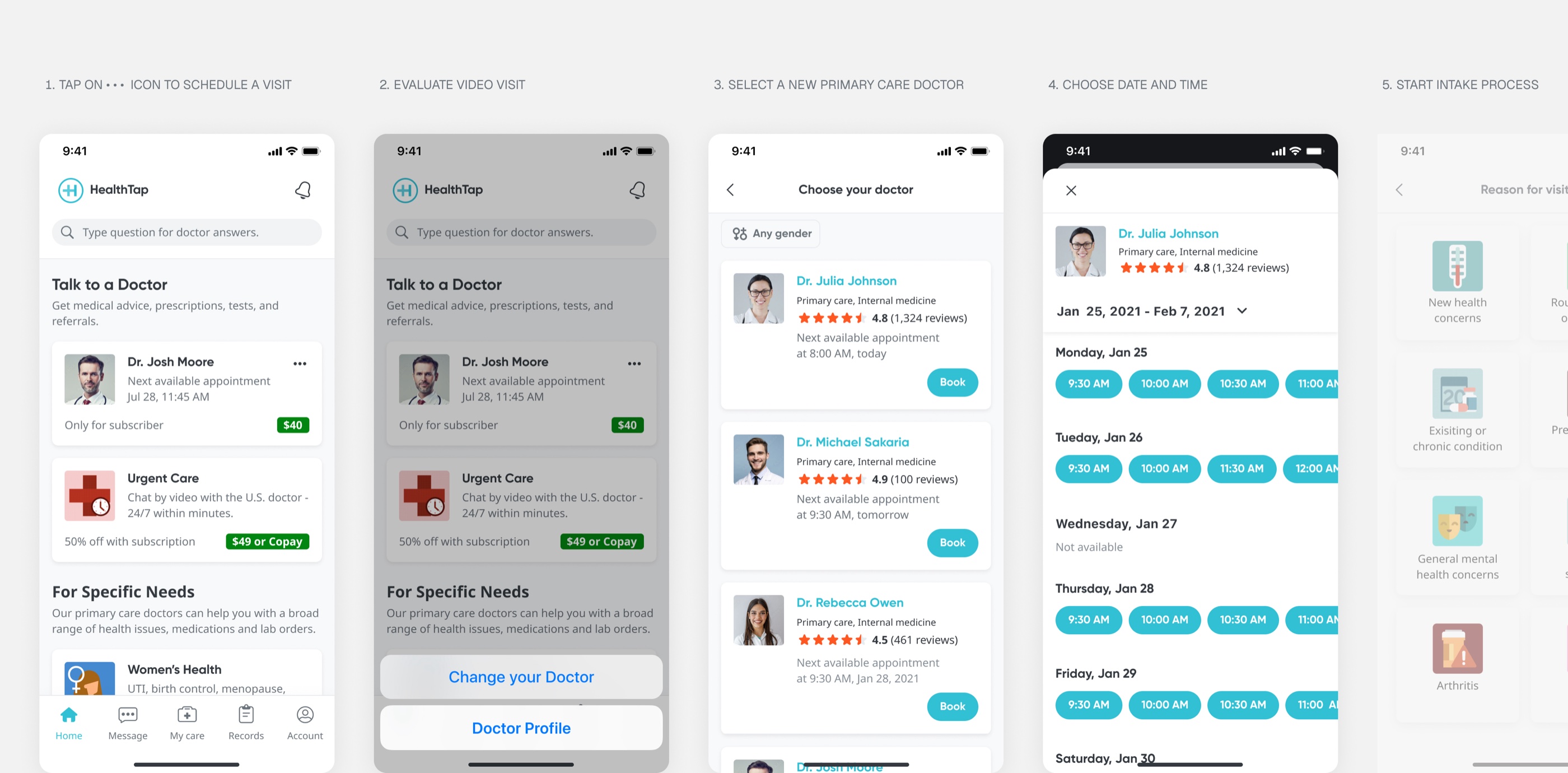 Scheduling with a new doctor in five numbered steps — tap the more icon on the current doctor, choose Change your Doctor, select a new primary care doctor, choose a date and time, then start the intake process