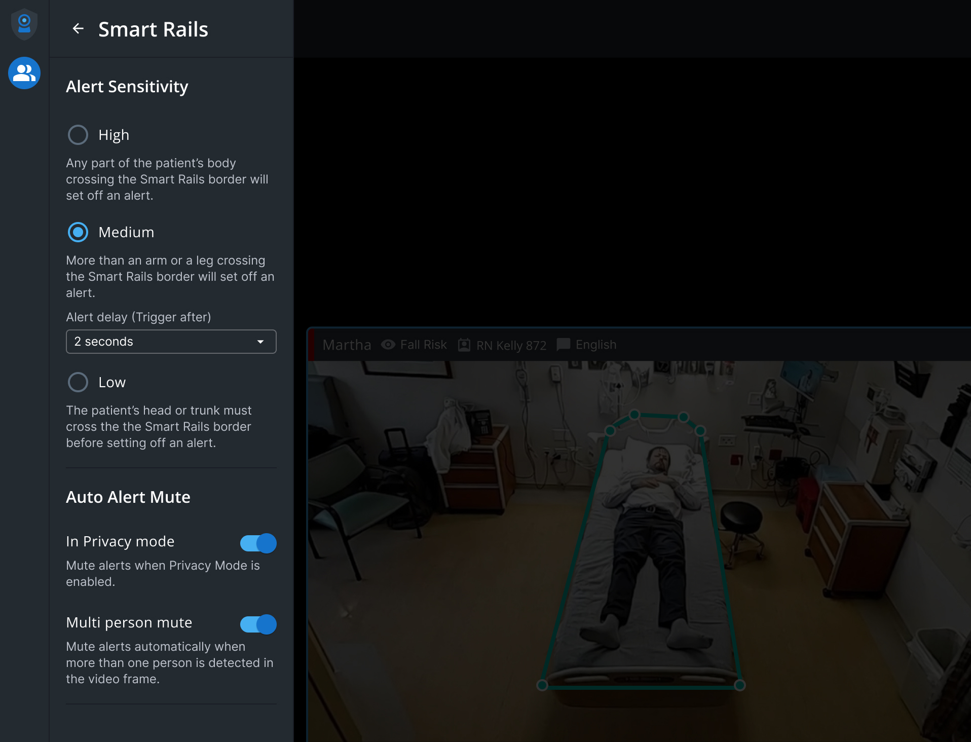 Smart Rails settings panel with Alert Sensitivity set to Medium, a two-second alert delay, and Auto Alert Mute toggles for privacy mode and multi-person detection