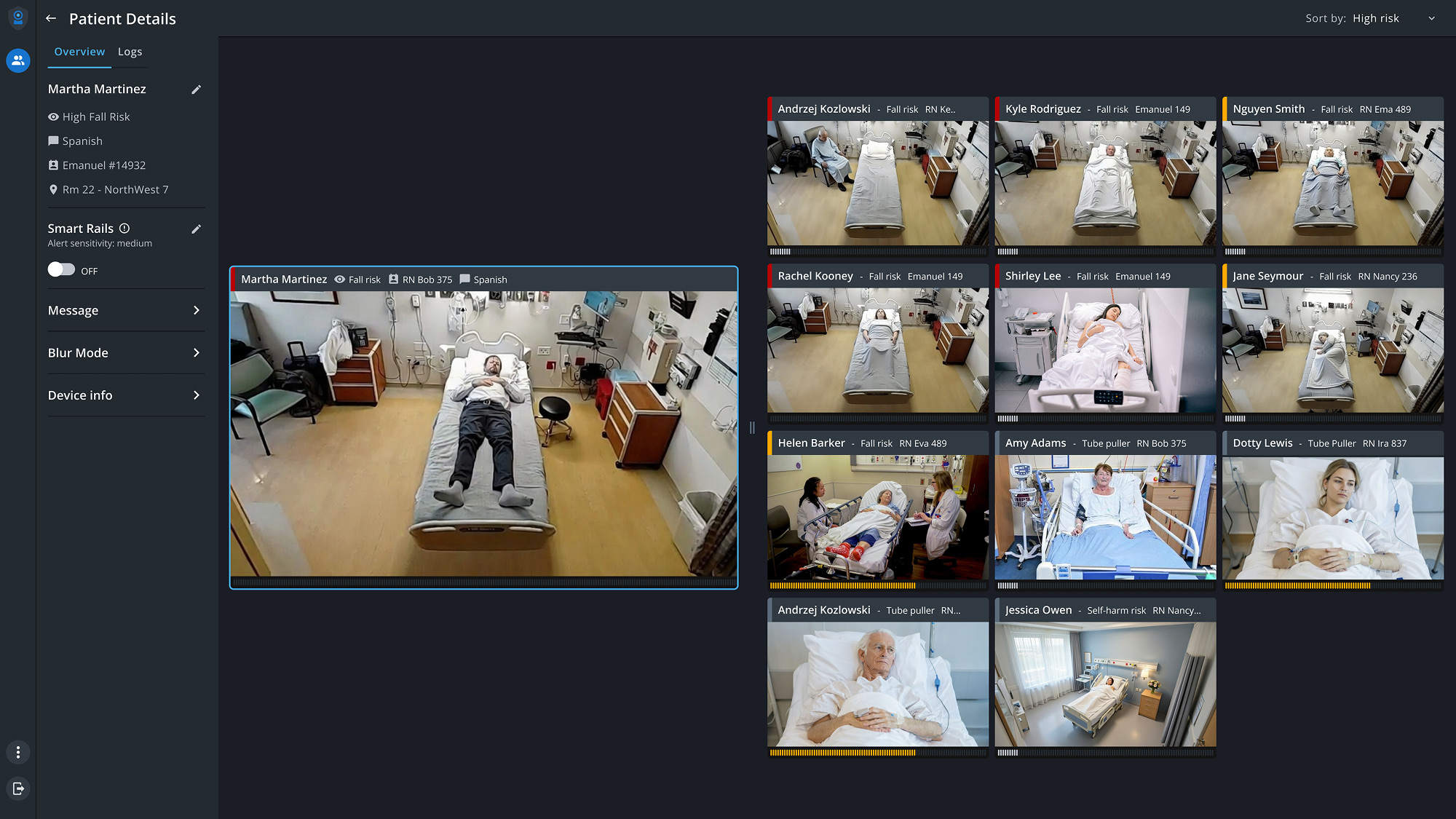 Patient Details with the Smart Rails panel closed and the toggle off, beside the twelve-patient grid