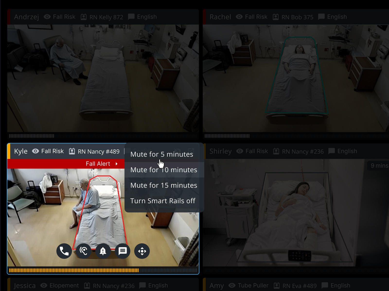 A fall alert on one tile of the patient grid with an inline menu offering to mute for 5, 10 or 15 minutes or turn Smart Rails off, above the tile’s quick-action controls