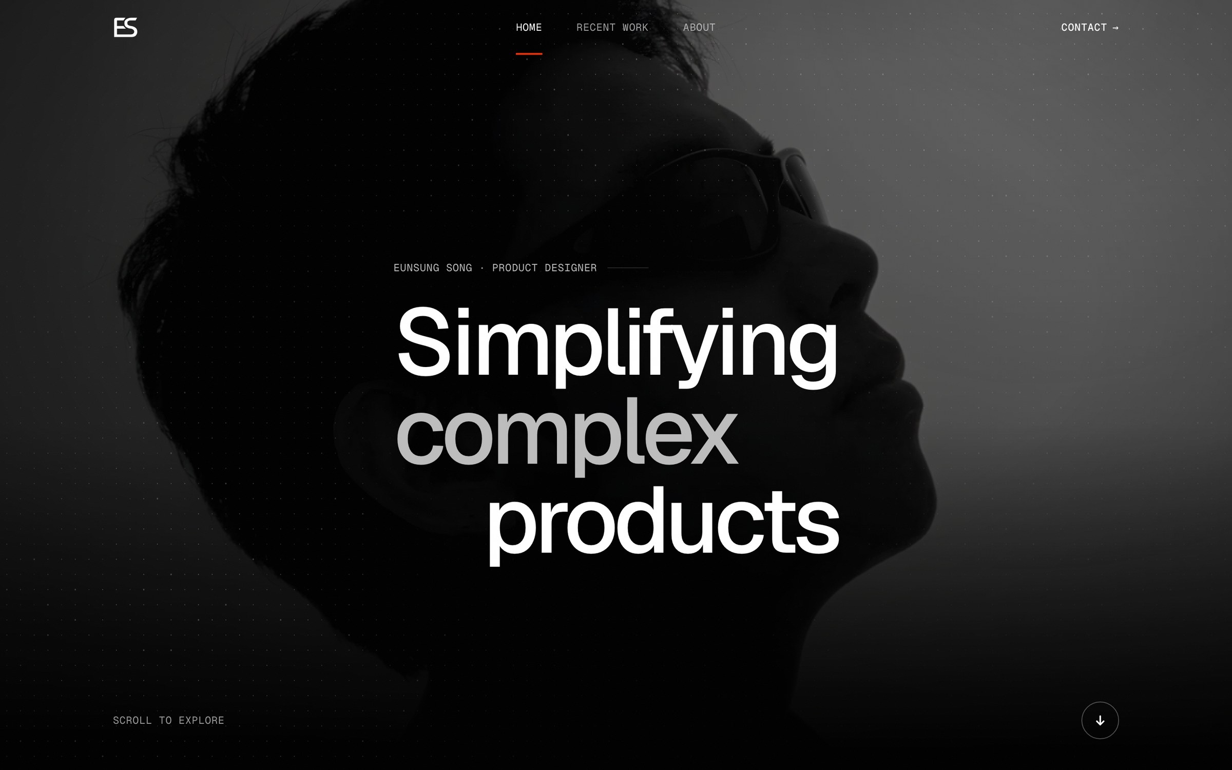 The portfolio hero: a backlit portrait behind the headline Simplifying complex products.