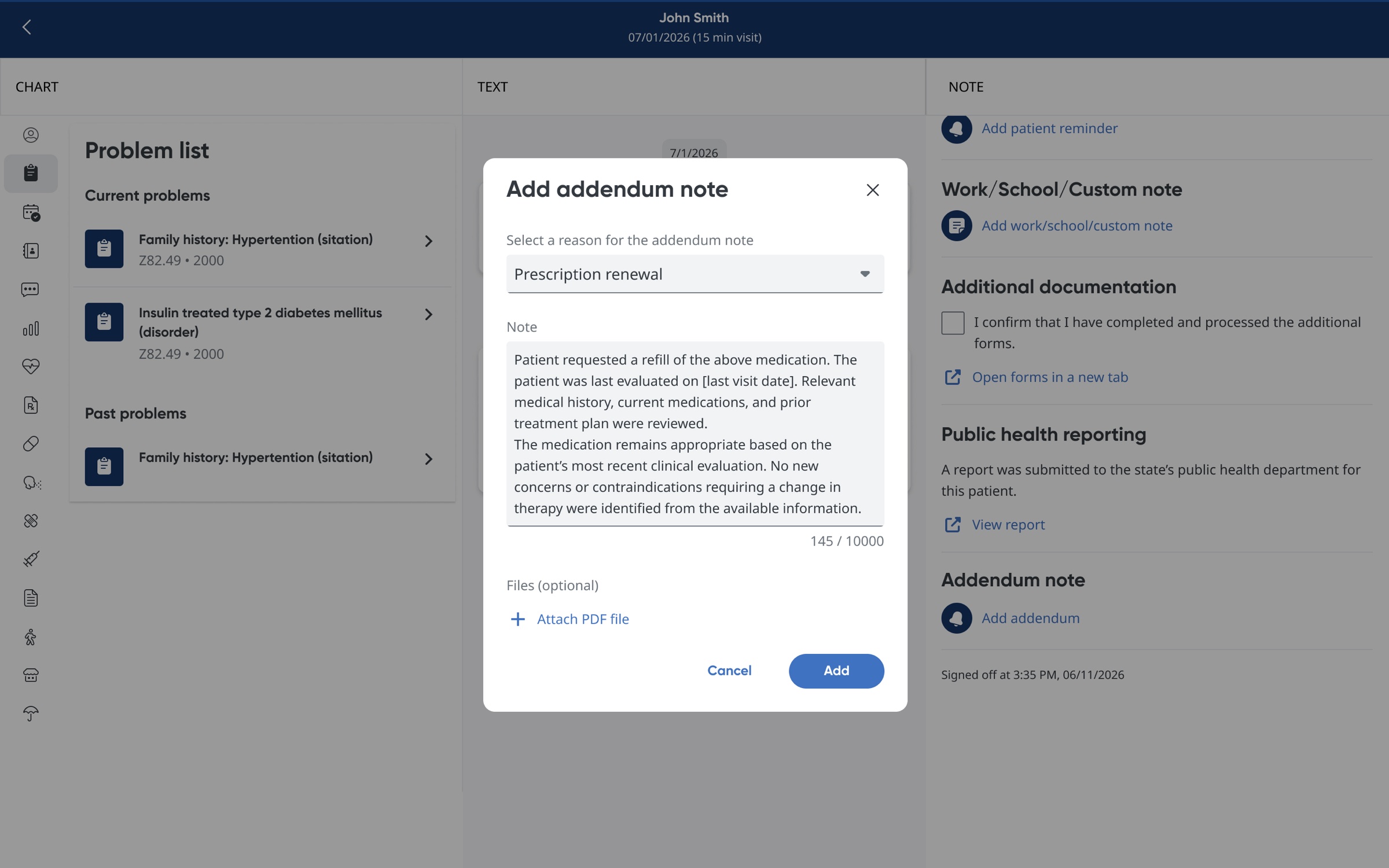 The visit note with an Add addendum note dialog open, asking for a reason and free-text note — the only way to record care delivered after a visit