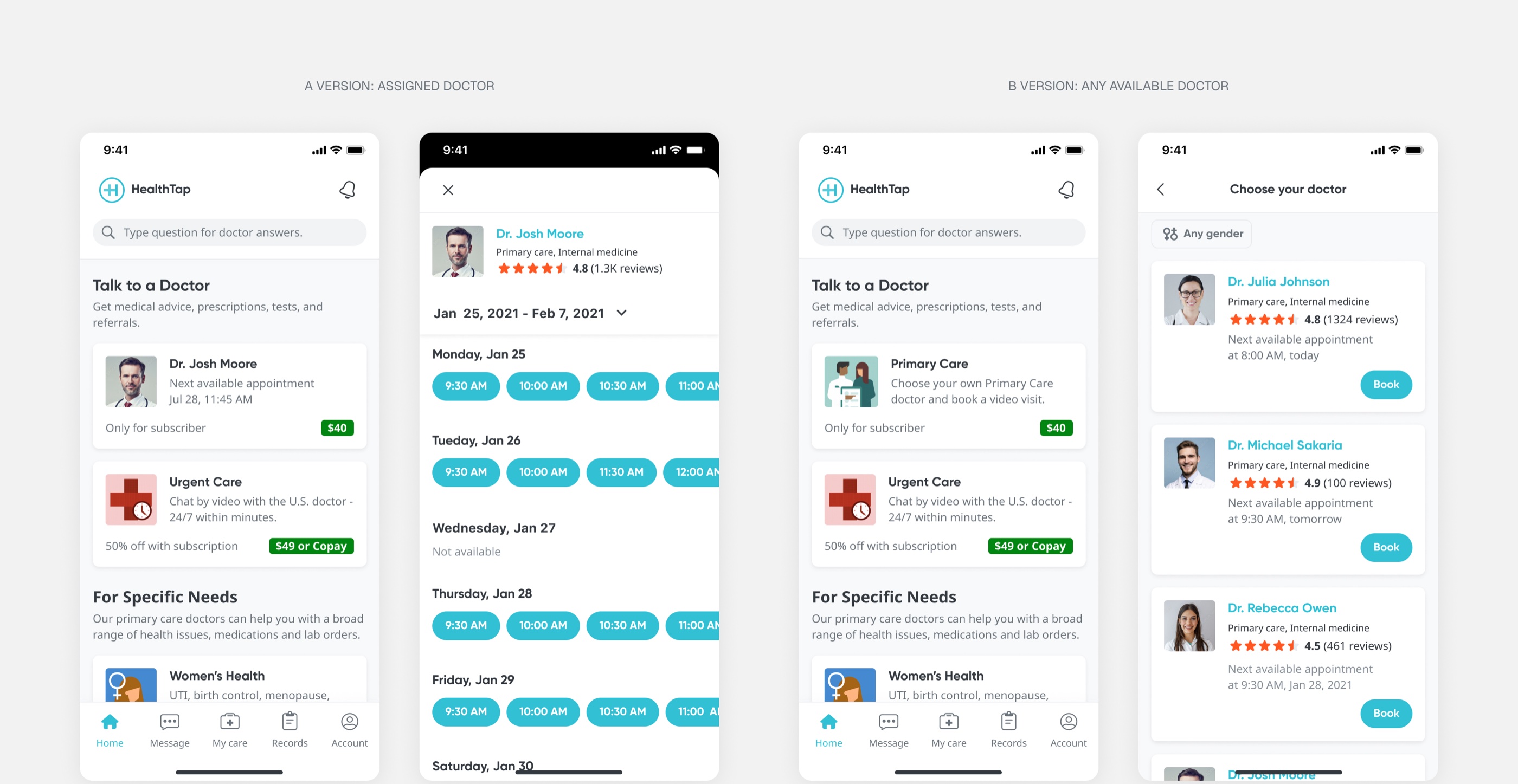 A/B test: version A leads the home screen with the assigned doctor and goes straight to their schedule; version B offers generic Primary Care and sends patients to a list of any available doctor