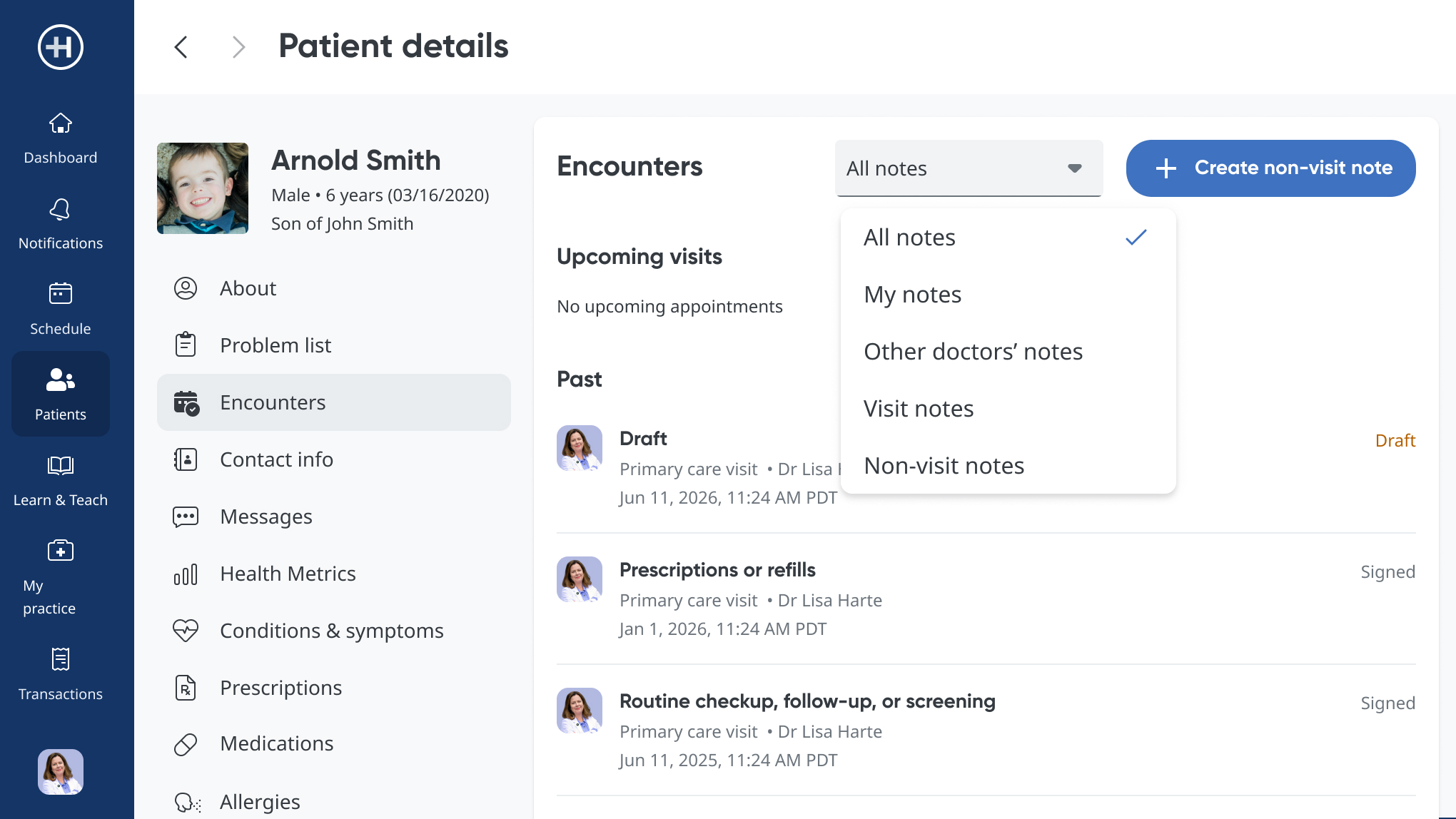 The Encounters list with an open filter menu offering All notes, My notes, Other doctors’ notes, Visit notes and Non-visit notes