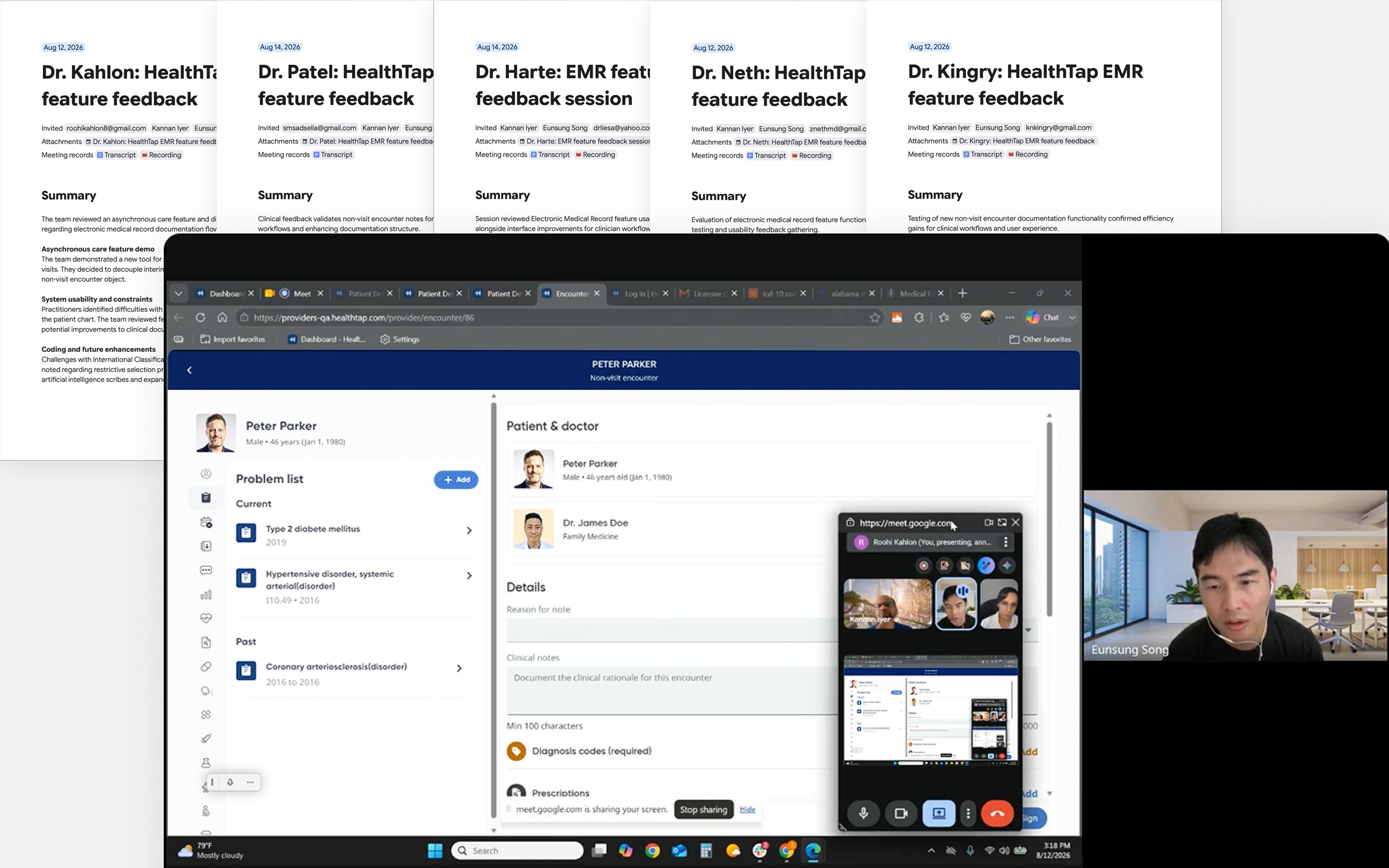 Five recorded HealthTap doctor feedback sessions with written summaries, behind a live remote session walking a doctor through the non-visit encounter note