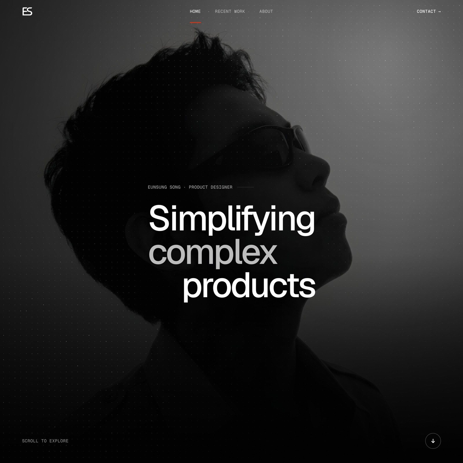 The portfolio home page: a backlit portrait behind the headline Simplifying complex products