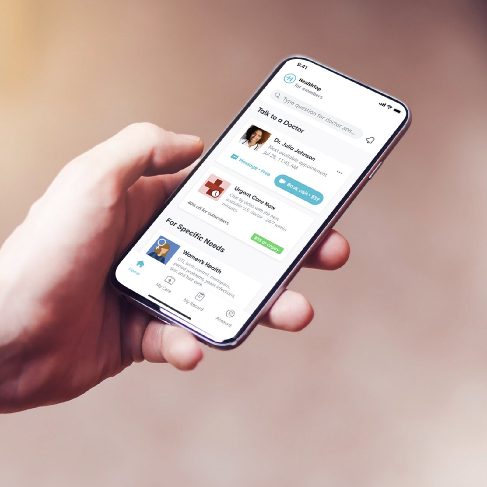 Virtual primary care app on a phone in hand